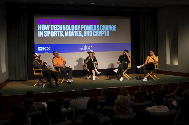From left to right: Director, producer, and screenwriter Stephen Kay; McLaren Racing CEO Zak Brown; Emmy-nominated filmmaker and Webby Awards Founder Tiffany Shlain; OKX CMO Haider Rafique; and McLaren F1 Driver Lando Norris discuss the power of technology in sports, film and crypto